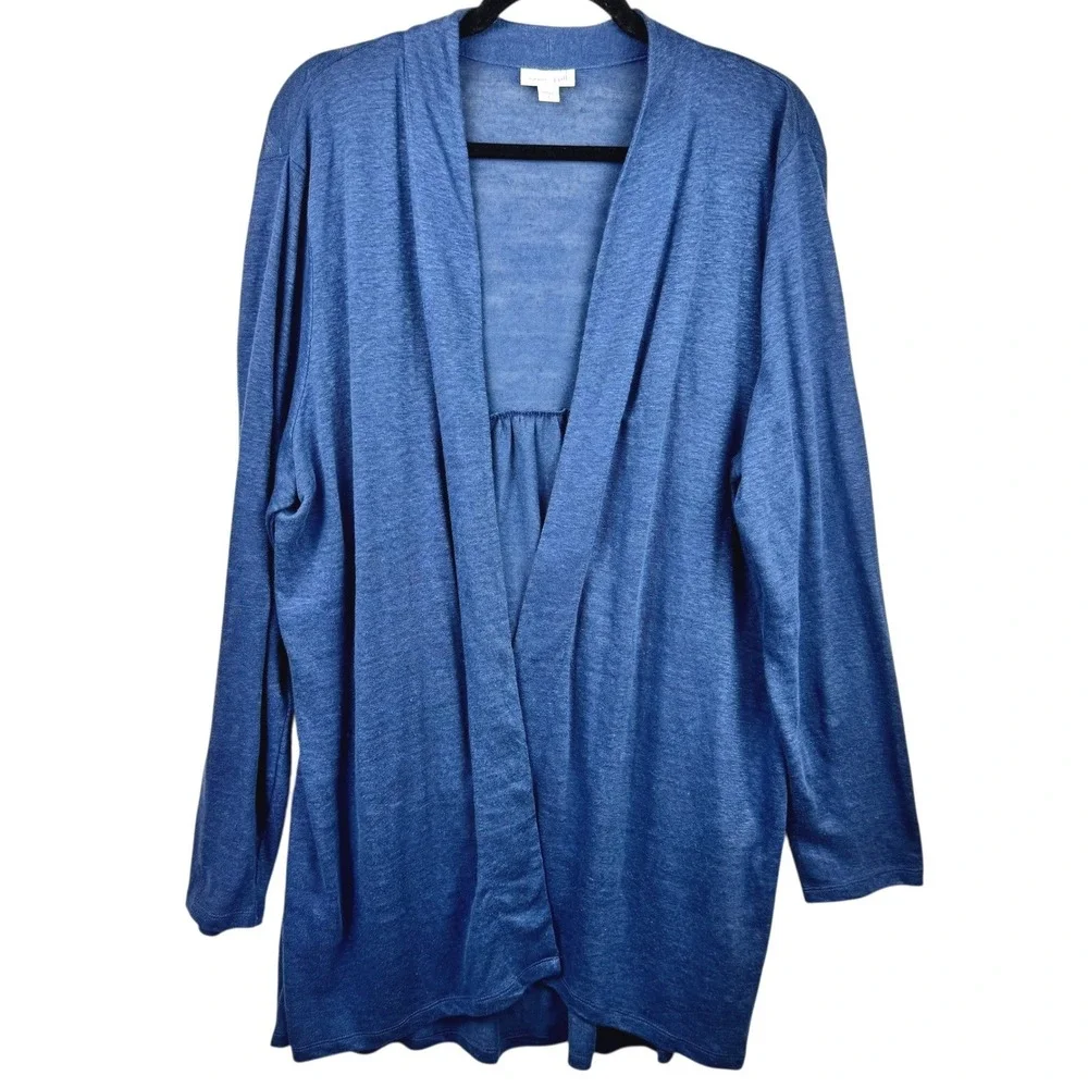 J Jill Cardigan Sweater‎ Large Love Linen Blue 100% Linen Open Front Long Sleeve